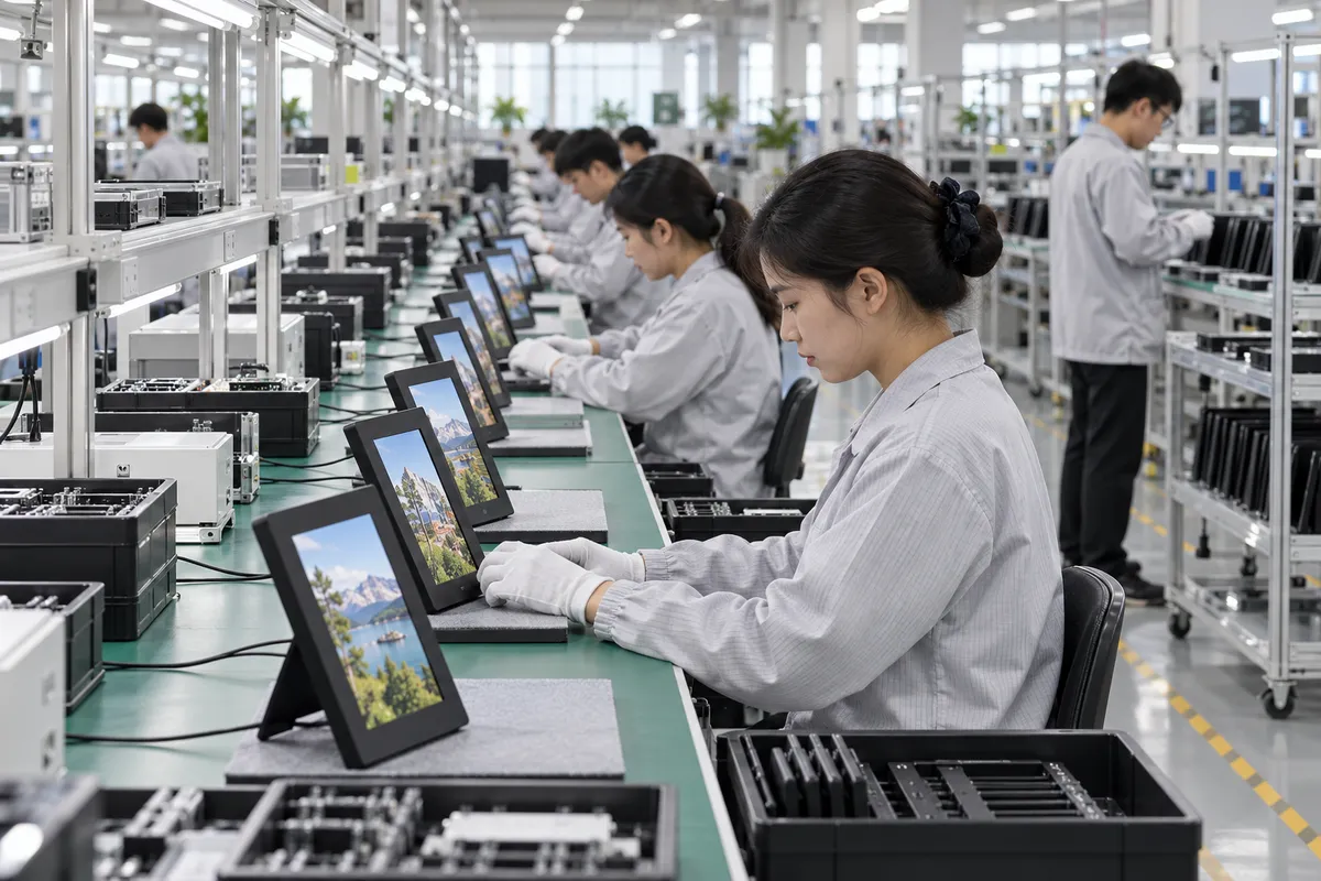 Illustrative smart display assembly and testing line